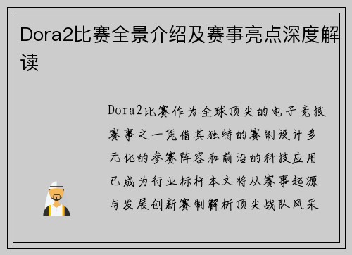 Dora2比赛全景介绍及赛事亮点深度解读
