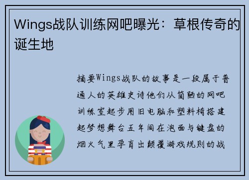 Wings战队训练网吧曝光：草根传奇的诞生地